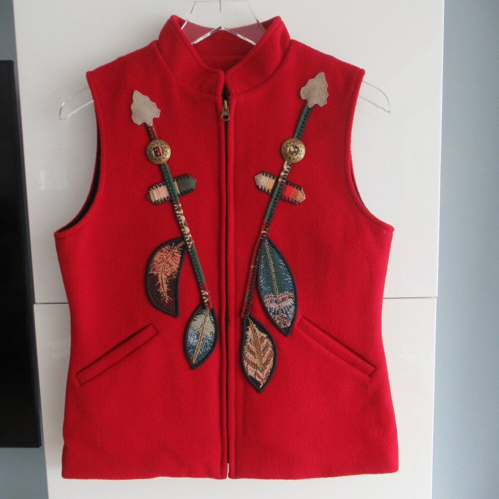 Vintage Coloratura 100% Wool Feather Concho Appliqué Vest Western USA Made M - Picture 2 of 12